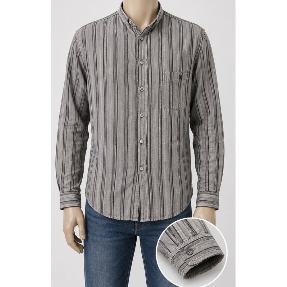 Oleg Cassini Mens 2X Big Grey Striped Cotton Long Sleeve Band Collar Shirt